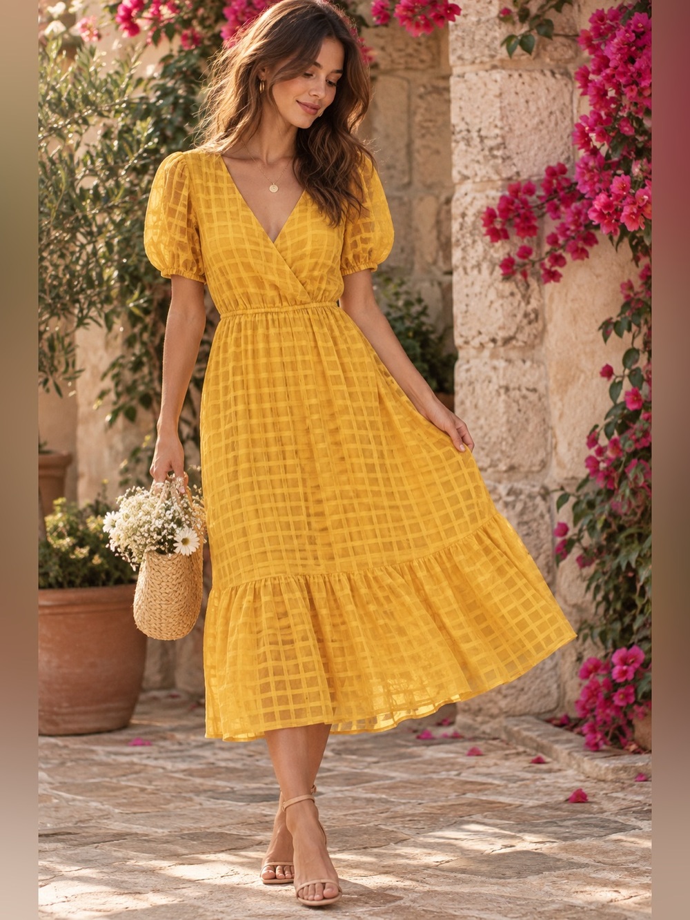 A. Calin Flying Tomato Mustard Yellow Puff Sleeve Midi Dress Small Boho